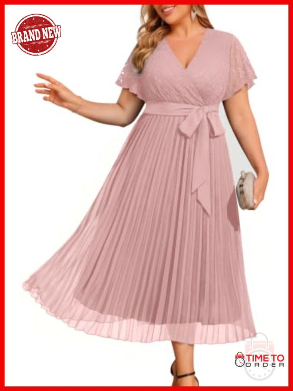 Lace Chiffon Pleated Midi Wedding Guest Dress Plus Size